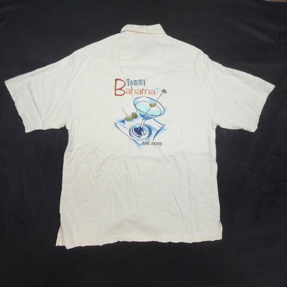 Tommy Bahama Mens M Hawaiian Silk Camp Shirt Bar None Martini Graphic Cream